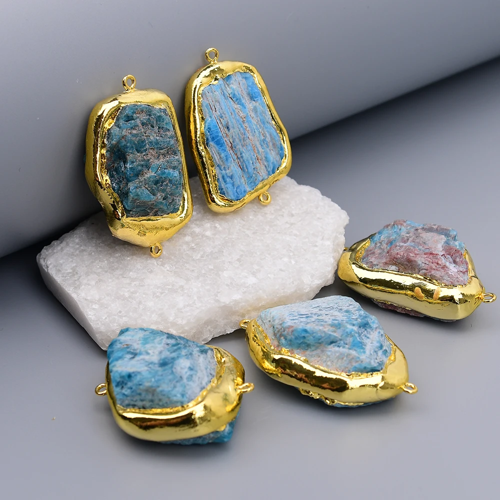 

APDGG 5 Pcs Big Natural Blue Apatite Stone Rough Raw Gold Edged Connector Charms Pendant Jewelry DIY