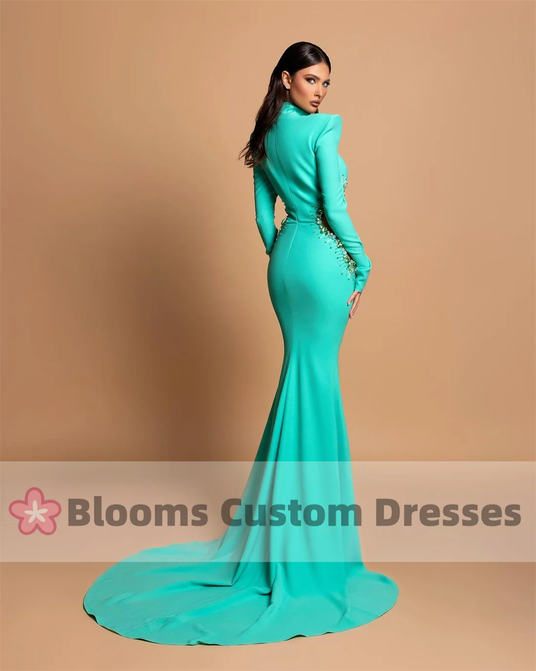 Customized Green Crepe Gorgeous Evening Dresses Beaded Cut-out Full Sleeve Formal Occasion High Neck Mermaid Wedding Guest Gown