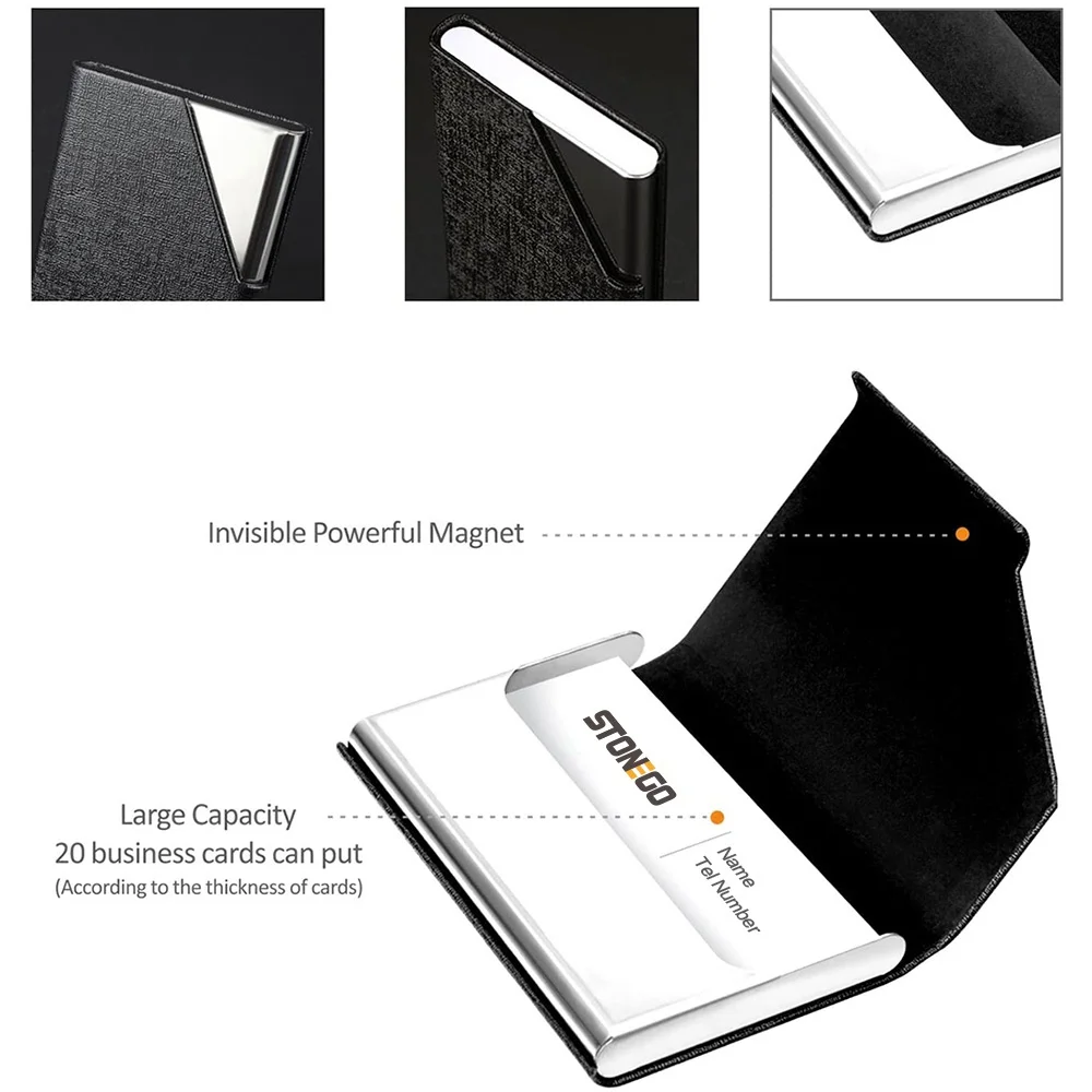 Metal Business Card Holder - Waterproof PU Leather Stainless Steel Card Case for Men and Women