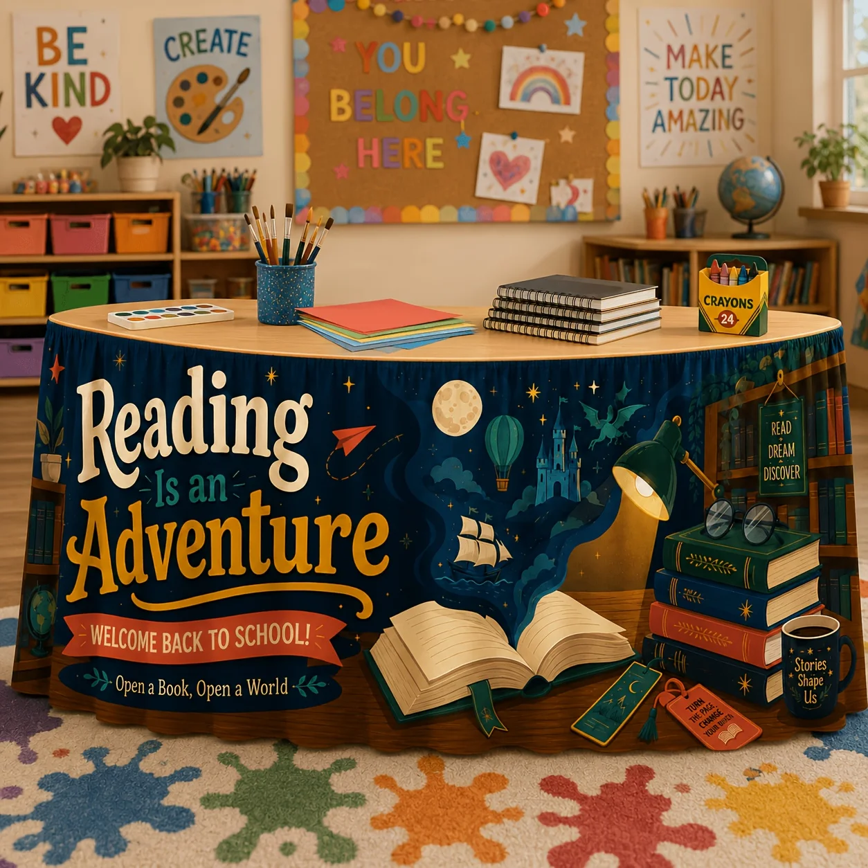 One-piece reading-themed tablecloth, suitable for classroom parties, book castles, flying saucers, and dragons.zyc