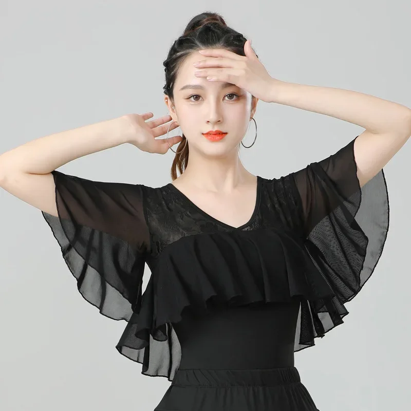 

Женский латинский бальный костюм Vestidos Baile Latino Top женский сексуальный шифоновый с открытыми плечами с рюшами и кружевными рукавами танцевальная одежда для вальса
