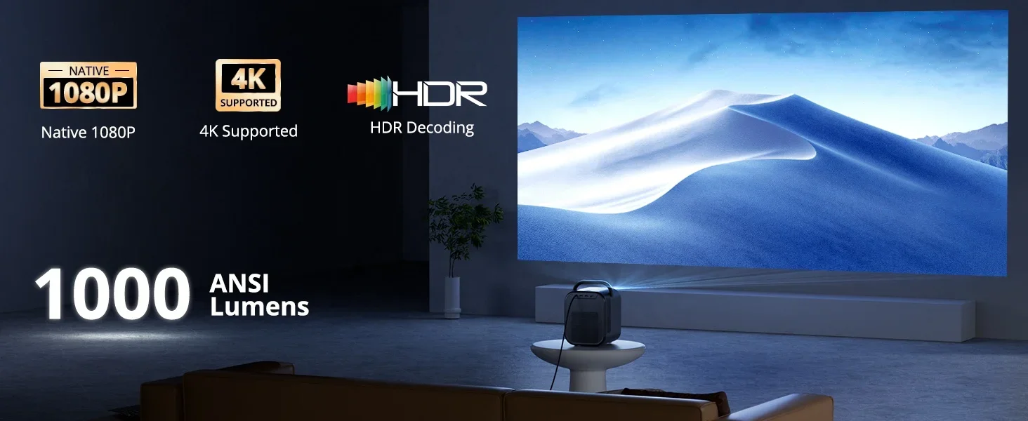 3-in-1 Projector 4K Support Smart WiFi BT 3D Audio Speakers Auto Focus Keystone Netflix-Official 1000ANSI Home Outdoor Projector