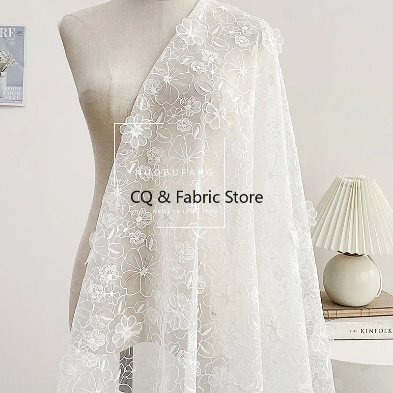Tessuto di pizzo ricamato a doppio strato in organza bianca pura 3D Abbigliamento di moda Abito da sposa Panno fatto a mano fai da te