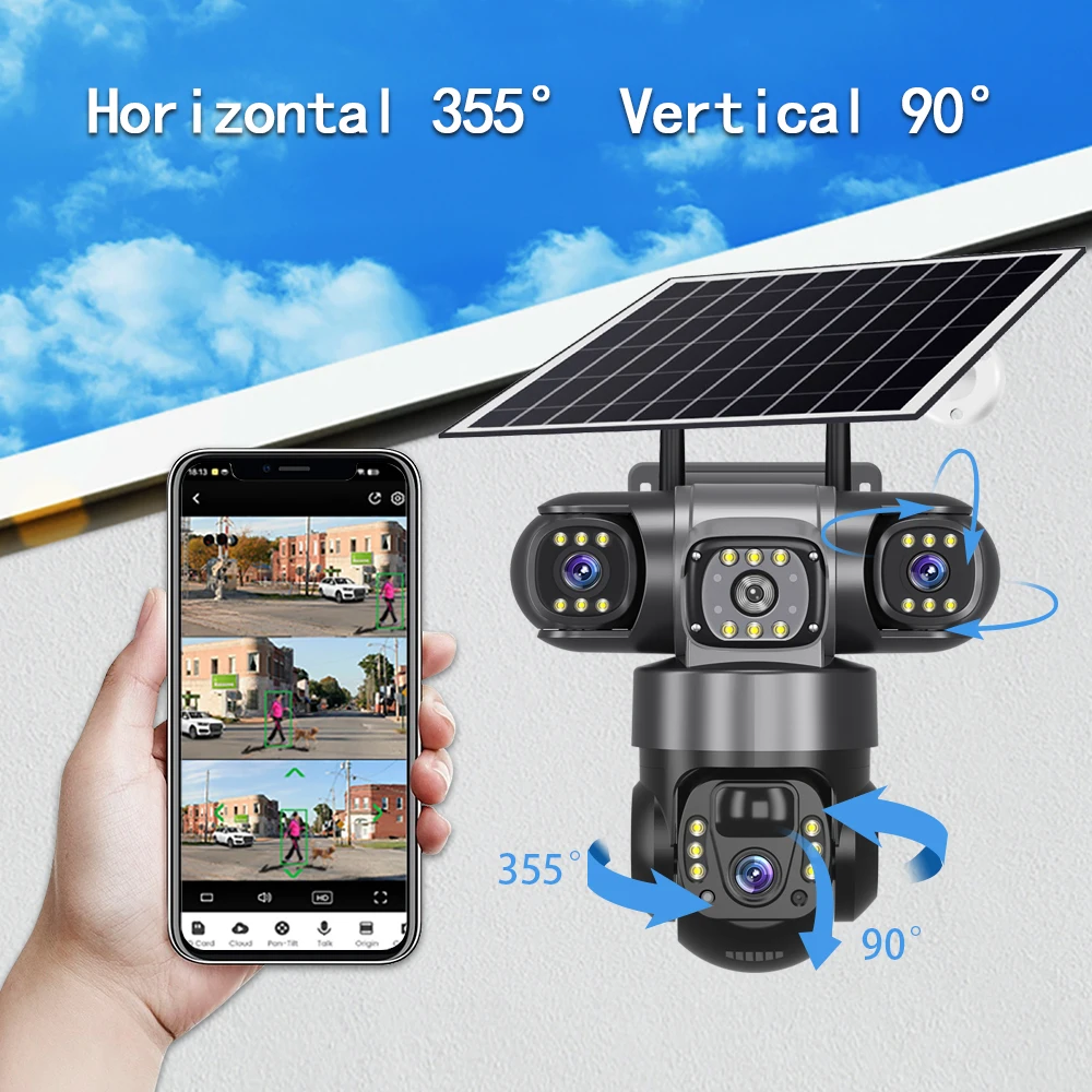 V380 Pro Solar Camera 4G SIM Outdoor 3 Lens Three Screens Webcam PIR Human Detect CCTV Security Video Battery PTZ IP Camara