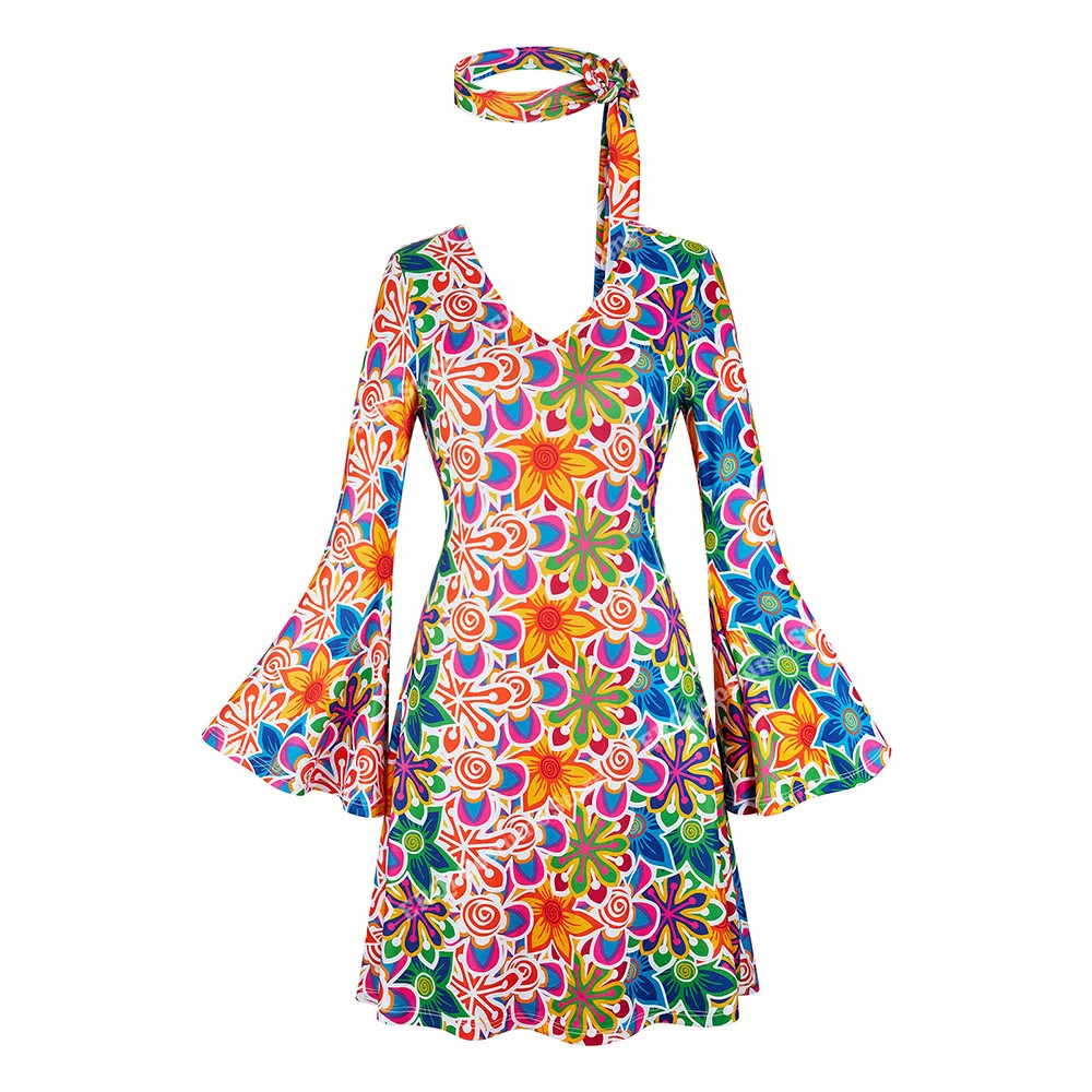 Robe Chang à Fleurs pour Femme, Tenue d'Halloween, Robe Hiphélicoptère avec Bande de Sauna, Costume des Années 70