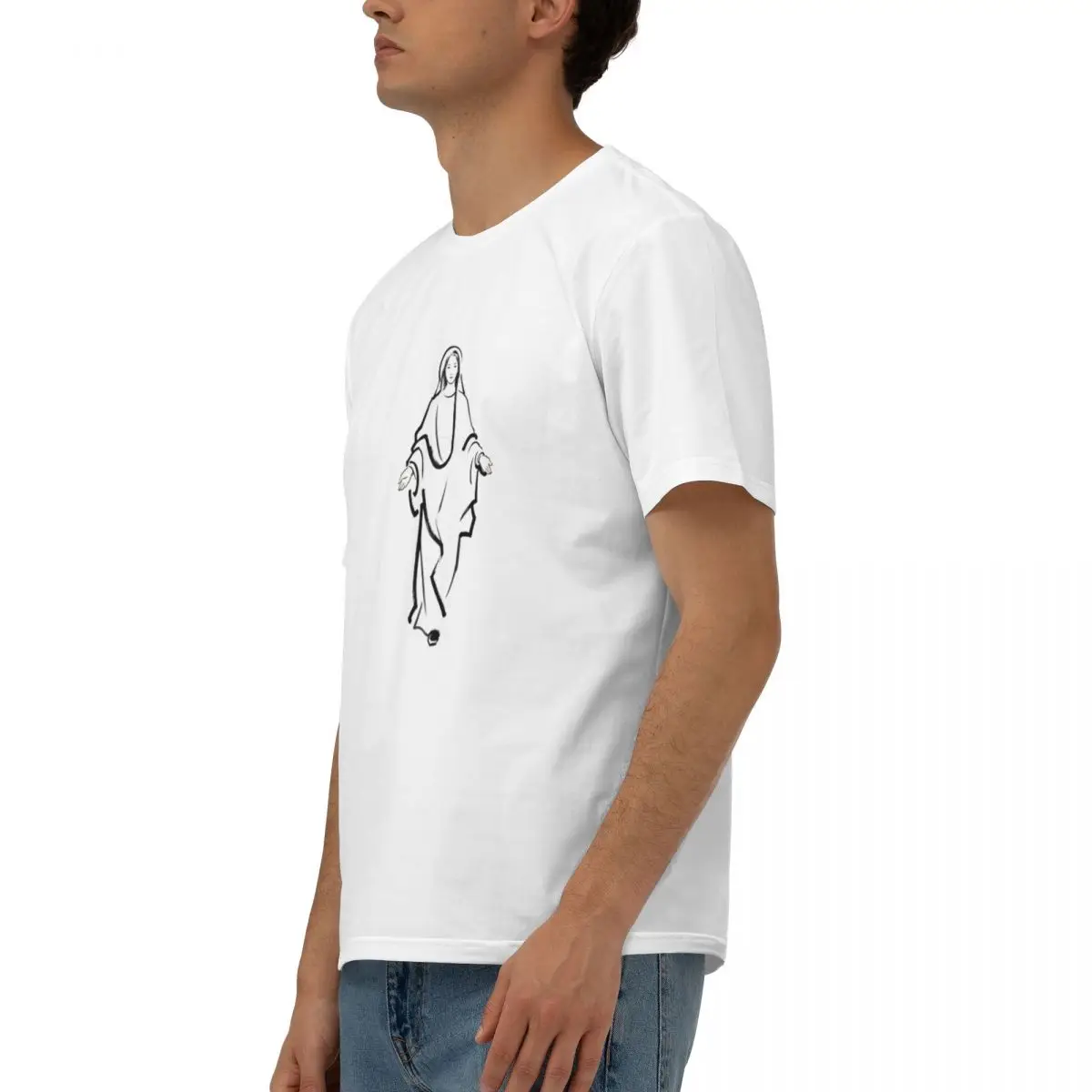 Virgin Mary Geometric Line Art T Shirt Watercolor Style Men Women Combed Cotton Elegant Top