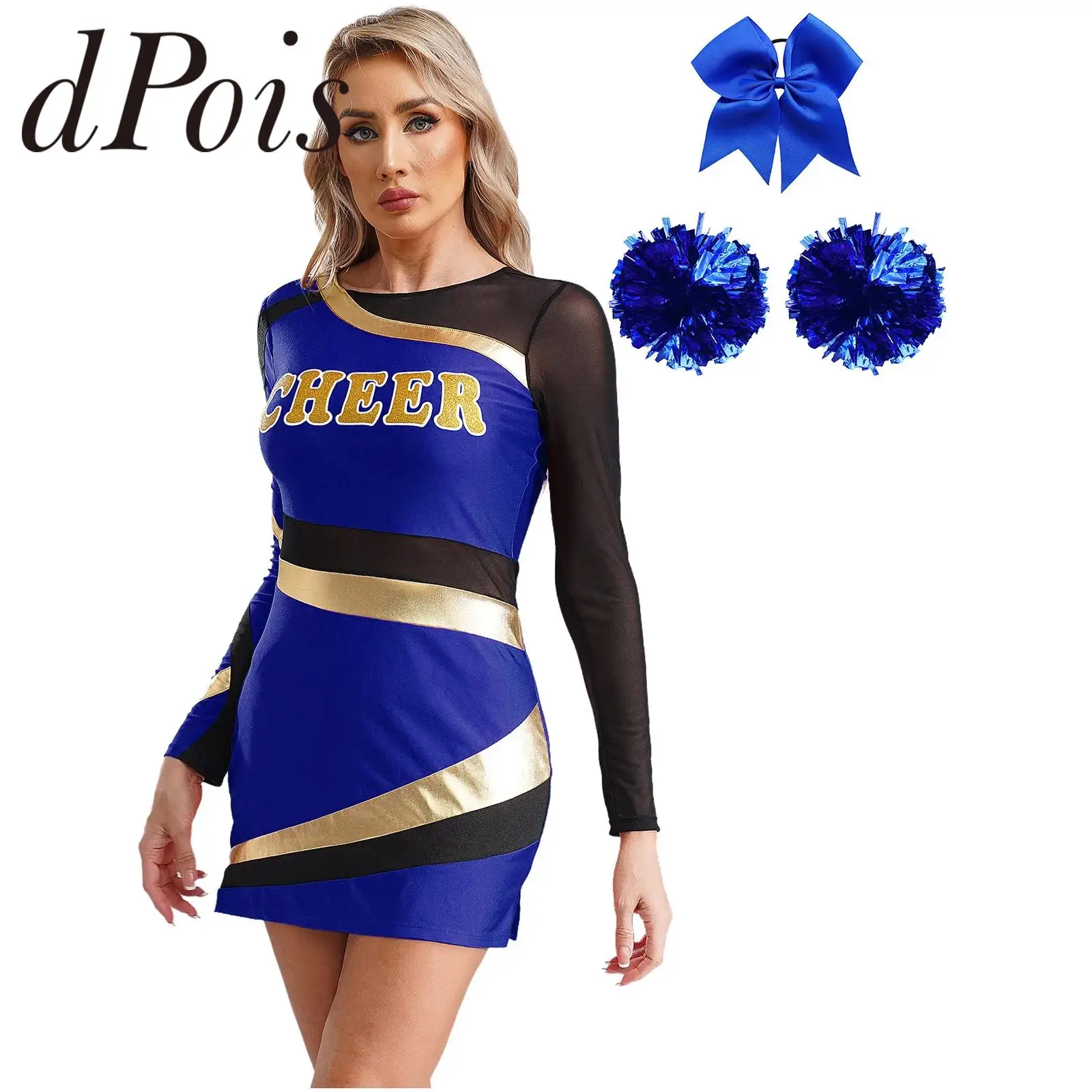 Womens Cheerleading Outfit Long Sleeve Metallic Patchwork Dress Adults Cheerleader Costume Dancewear Dance Cheering Clothes