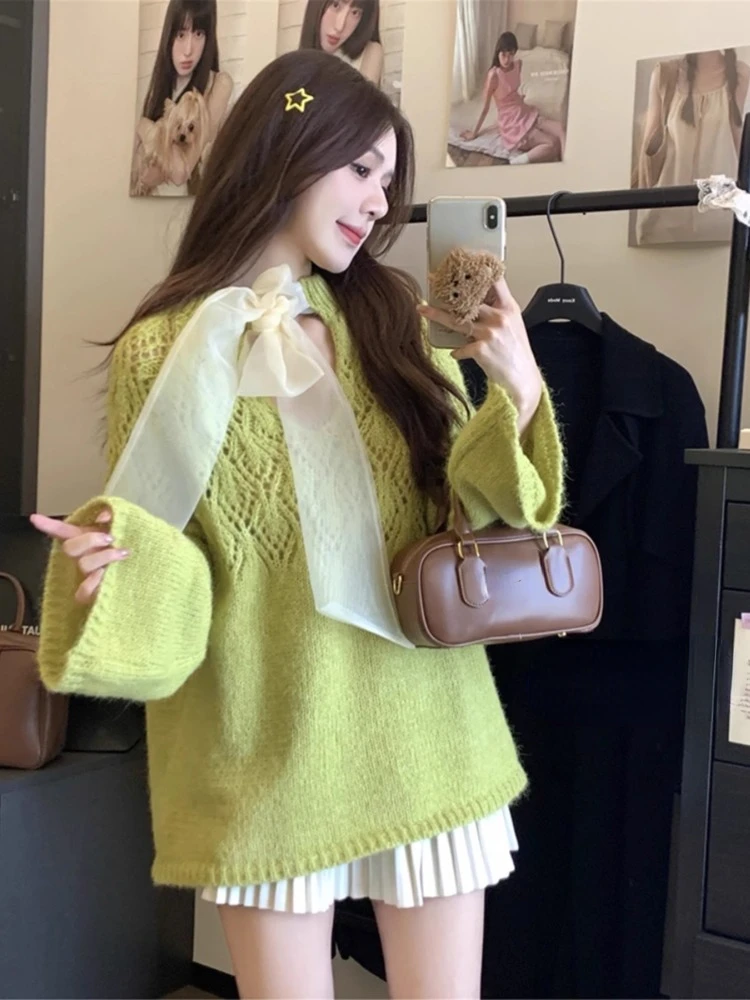 Ezgaga Knitted Sweater Women Hollow Out Bandage Long Sleeve Bow Ribbon Hollow Out Loose Sweet Elegant Pullover Female Jumper