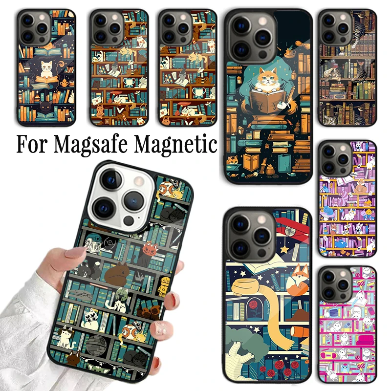 

Coque Phone Case For iPhone 16 15 14 13 12 11 Pro Max Plus Magsafe Magnetic Wireless Charging Cover Library Magic cats Kitten
