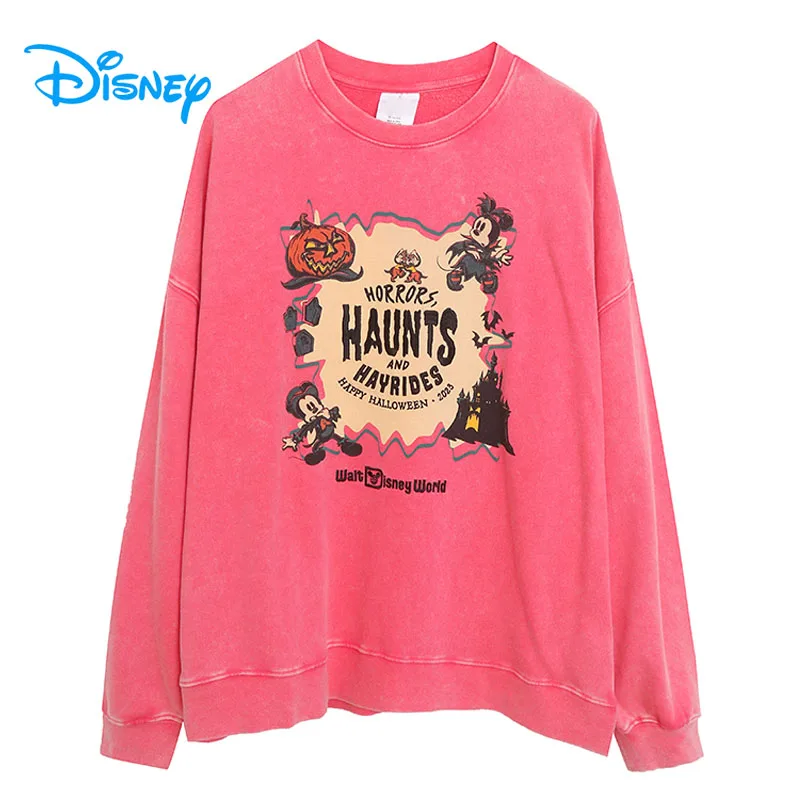 Disney Washed Distressed Fleece Sweatshirt Halloween Mickey Cartoon Jumper Women Embroidery Casual Loose Pullover Tops O Neck