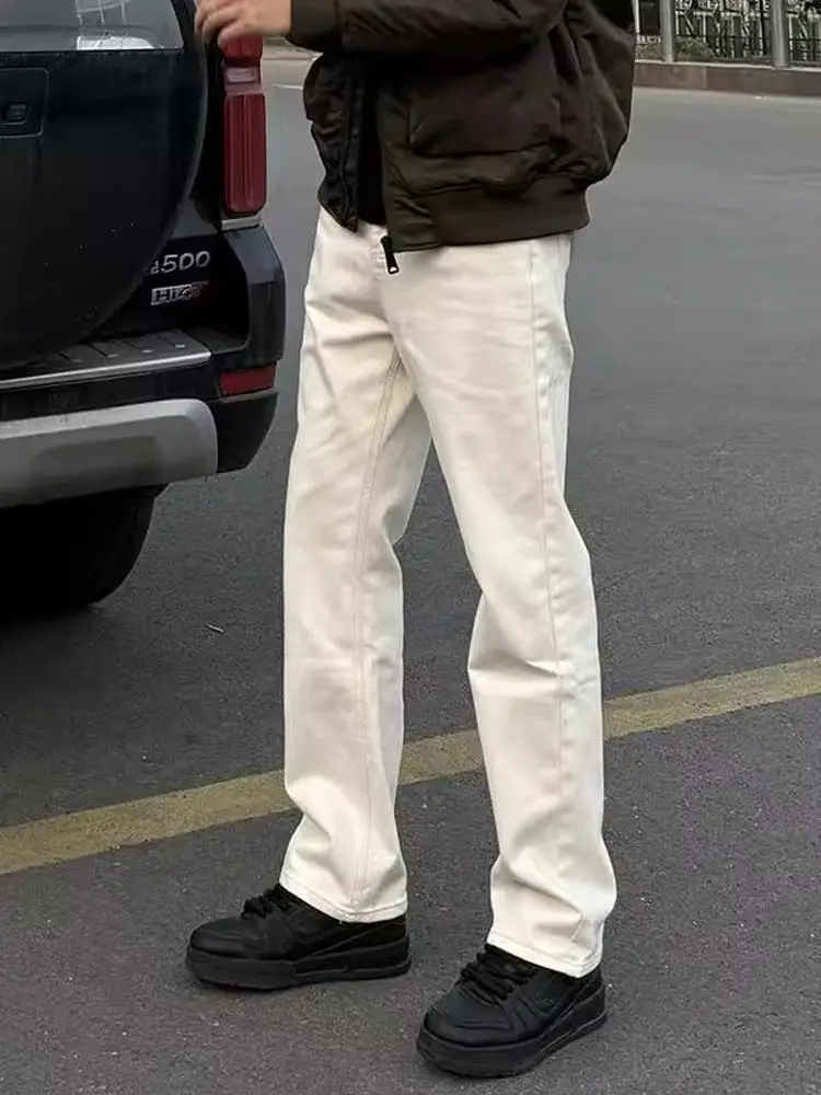 

Белые свободные прямые джинсы, мужские летние американские крутые утягивающие длинные брюки с низкой талией, дышащие джинсовые джинсы на молнии