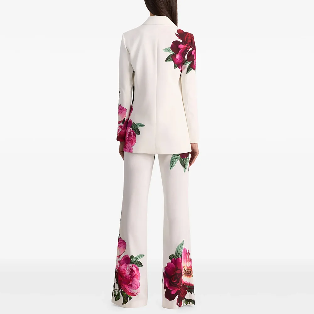 HIGH STREET Newest 2026 Designer Runway Fashion Suit Set Women's Gorgeous Floral Printed Blazer Flare Pants Suit 2pcs