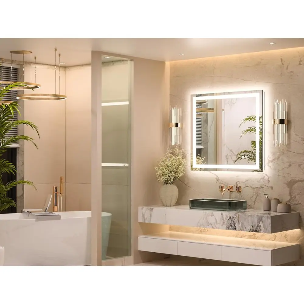 مرآة حمام LED مقاس 30 × 30 بوصة مع إضاءة أمامية وخلفية، أضواء 3 ألوان قابلة للتعتيم، زجاج مقسى مضاد للضباب، معتمد من UL #2