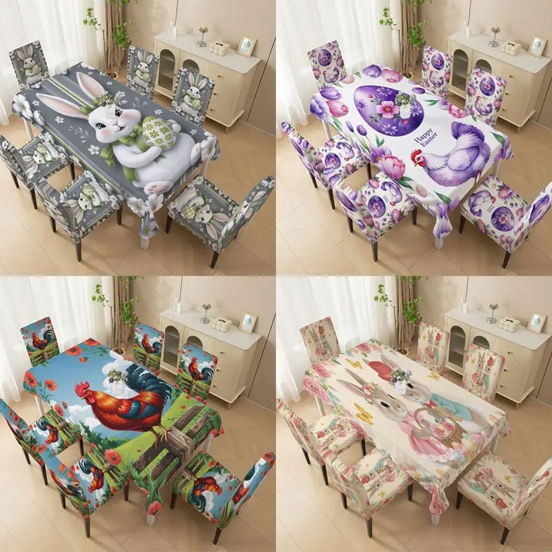 Stretch Chair Cover Outdoor Yard High Back Chair Cover, Cute Rabbit Farmhouse Style Cock Rabbit and Floral Pattern
