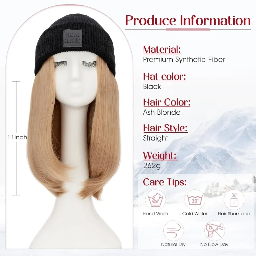 WinterReady قبعة صغيرة محبوكة شعر مستعار مع الرماد شقراء قصيرة مستقيم وصلات شعر للنساء 11 بوصة قطع الشعر للارتداء اليومي St