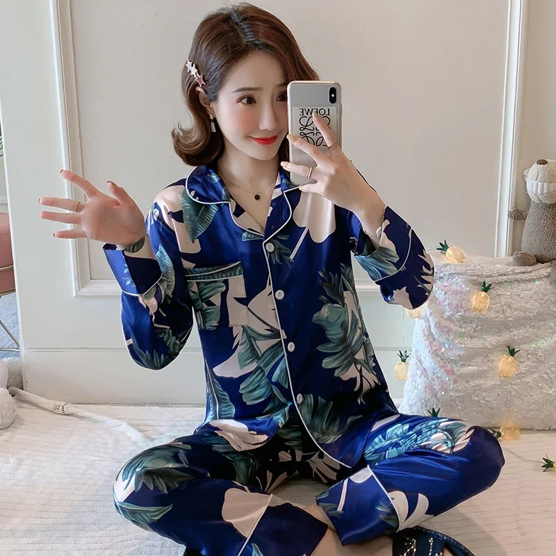 Women Sleepwear spring Pajamas Set for women Fake Silk Print Sweet Pijama Set Girl Nightgown Loose Waist Long Pant Silk Pajamas