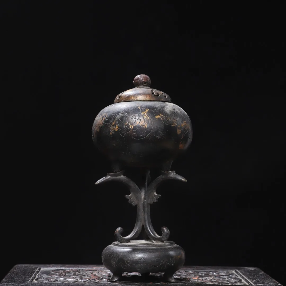 Old Bronze Gilded Cinnabar Mud gold Bat pattern Dragon foot incense burner copywriting Study Amass wealth Ornaments