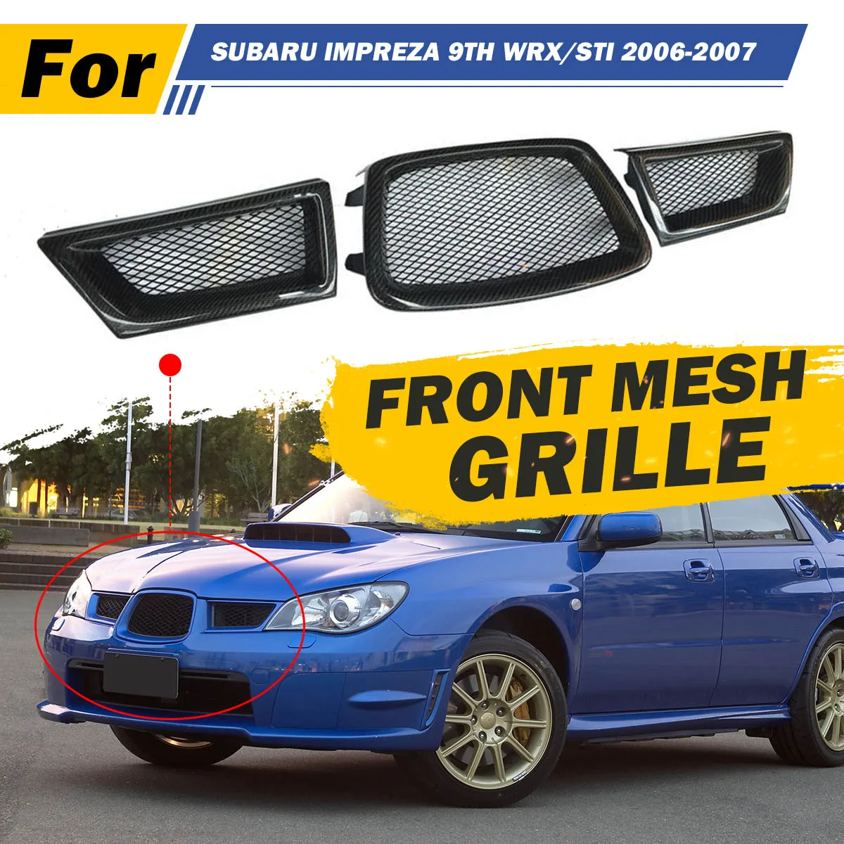 Black 3Pcs Carbon Fiber Car Front Lower Mesh Grill Grille for subaru Impreza WRX STi 9th 2006-2007 28012