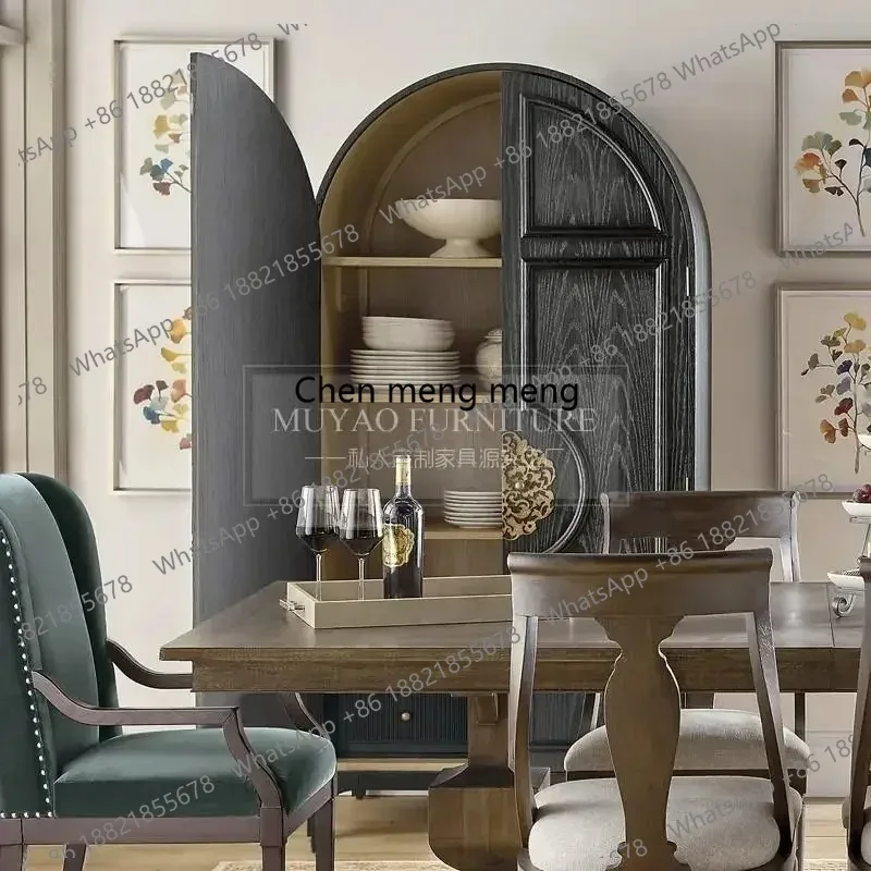 

LHY26 ss New style American retro black arched wardrobe French solid wood locker living room porch decorative cabinet double doo