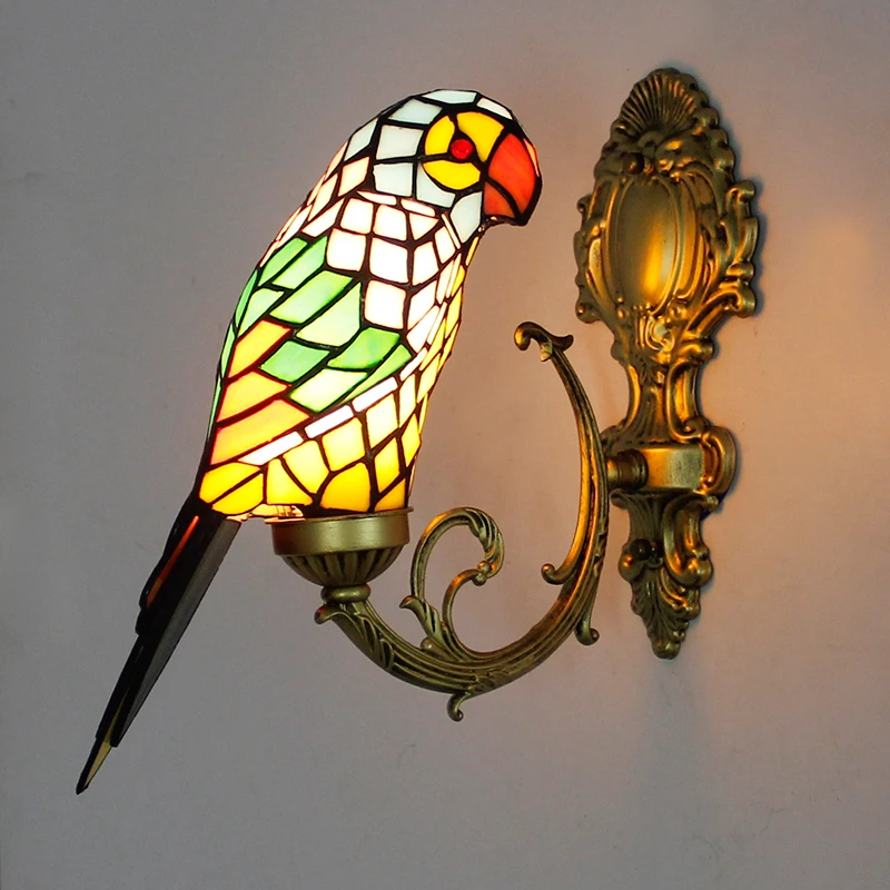 Wall Lamp Mounted Sconce Fixture with cord bird parrot animal design handmade stained glass shade bedside home decor retro red