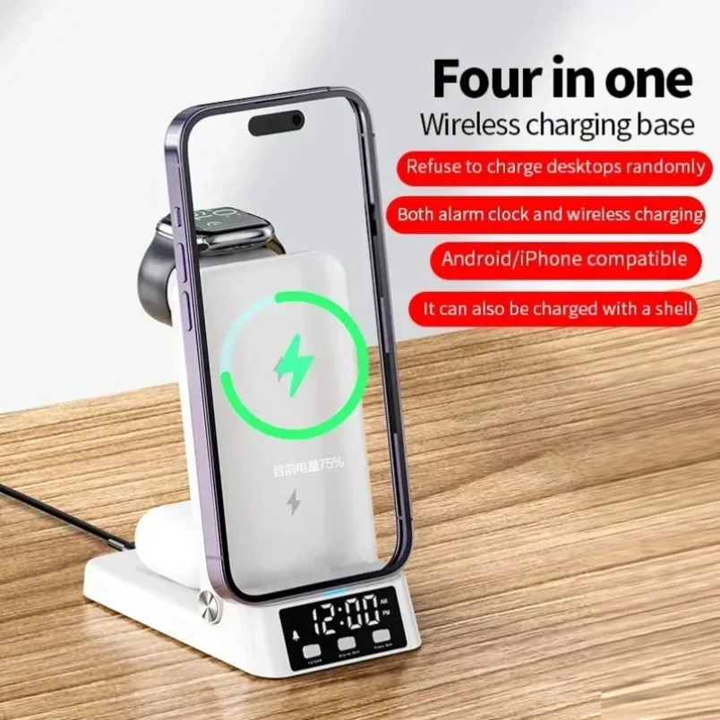 appleエコシステム対応4in1ワイヤレス充電器、iphone-17、apple-watch-ultra、airpods-pro用デュアルコイル目覚まし時計付き時間表示機能搭載