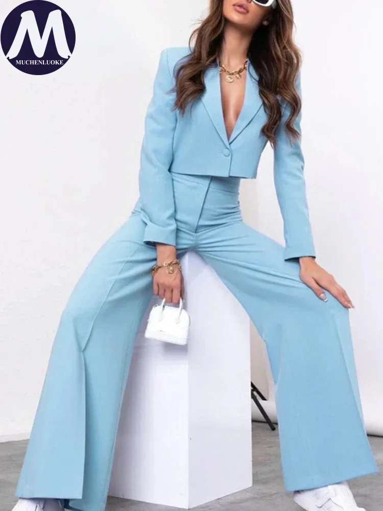 Eleganckie 2-częściowe zestawy dla kobiet 2025 Moda biurowa damska przycięta marynarka i spodnie z wysoką talią Zestawy damskie Marynarki Garnitury