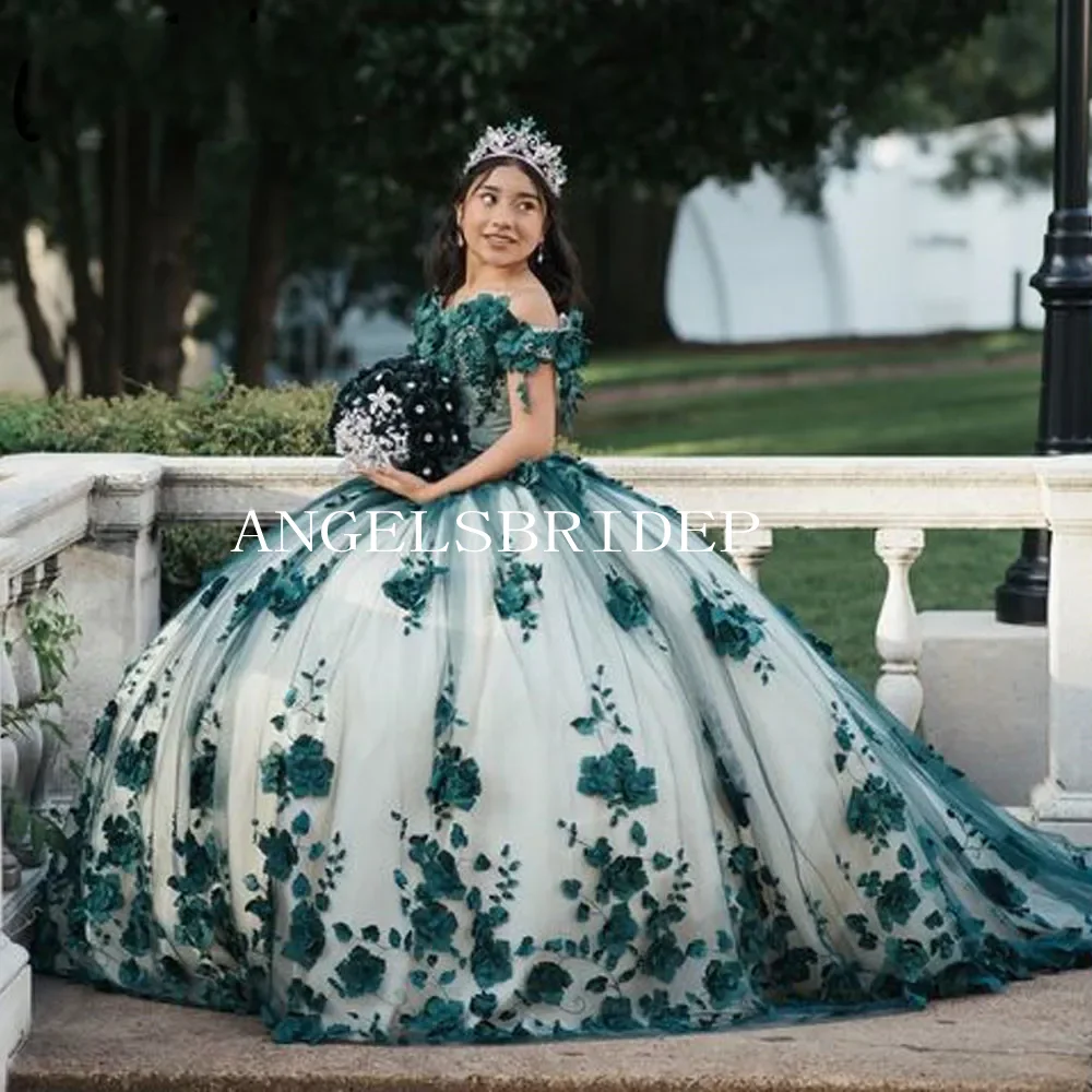 Angelsbridep Green 3D Flowers Floral Appliques Lace Quinceanera Dresses Ball Gown Off The Shoulder Corset Vestidos De XV Anos