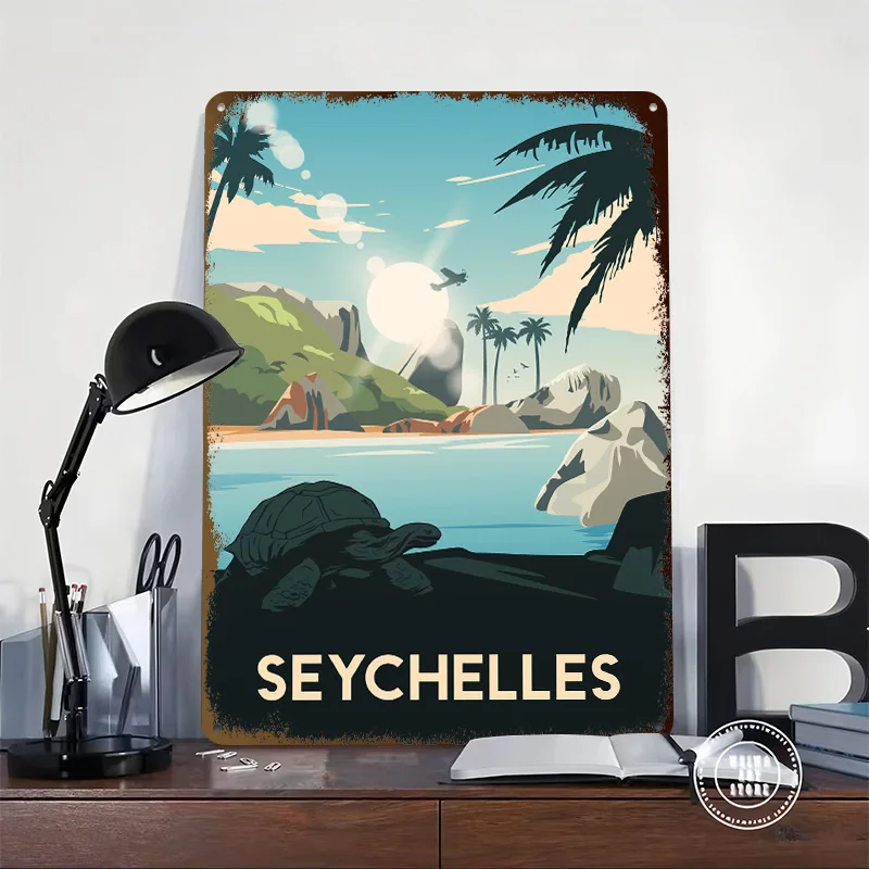 Seychelles Travel With Turtle and Plane Poster Retro 3D Printed Metal Signs Customized Wall Hanging Gift for Garage Decorations