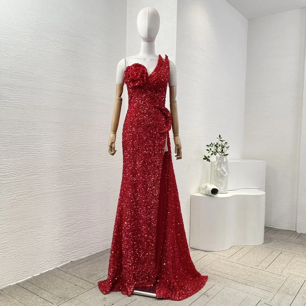 Vestido maxi feminino vermelho sem mangas com apliques de flores e lantejoulas com fenda lateral e costas nuas para festa