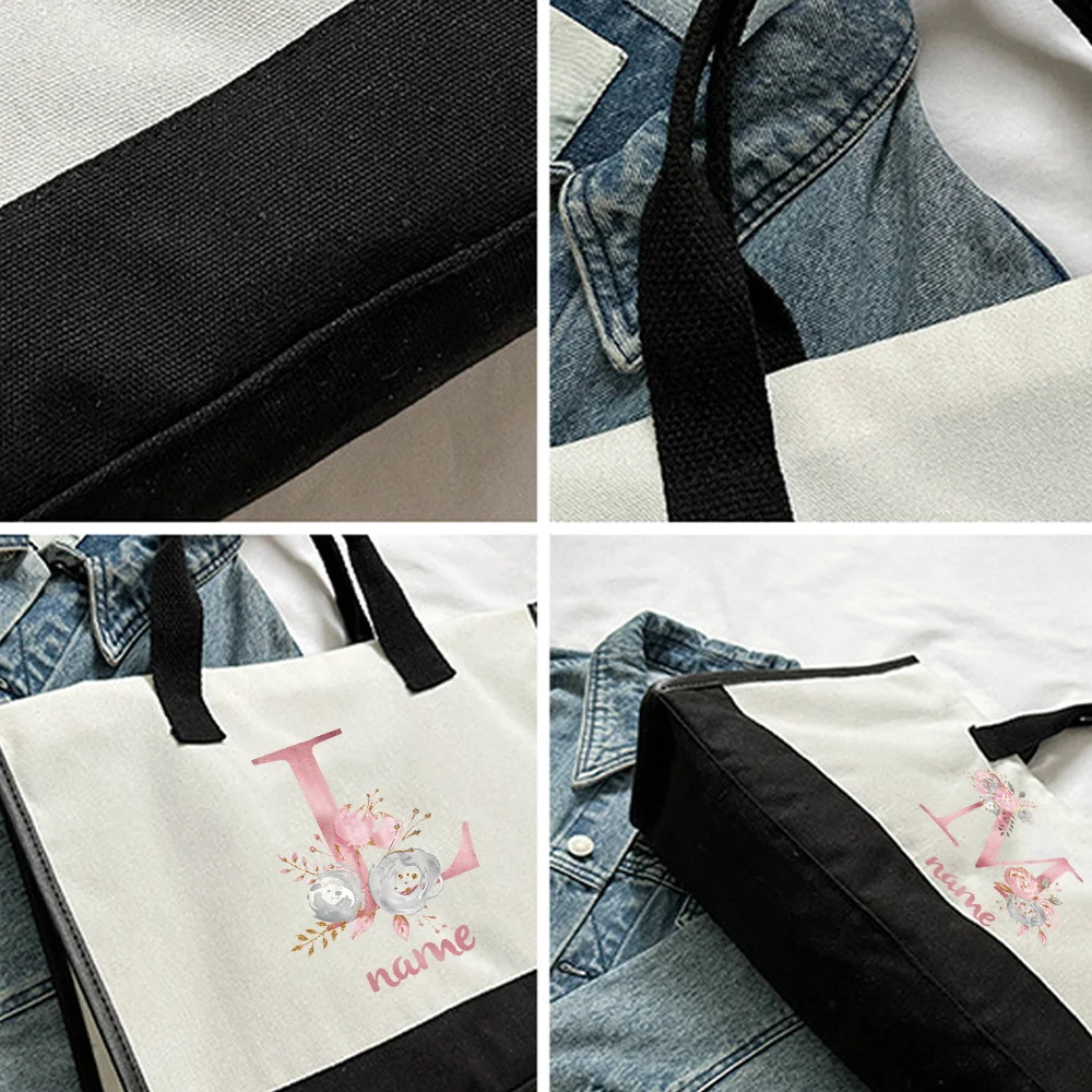 Customizable Name Retro Shopping Bag White Linen Handbag Casual Shoulder Bag Eco Friendly Storage Bag Pink Letter Series