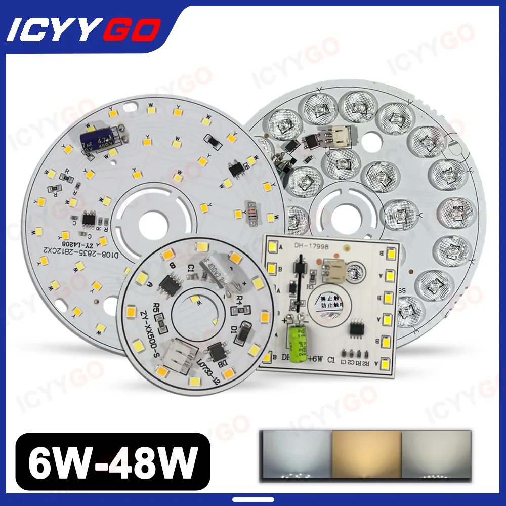 6W12W 14W 20W 24W 36W 48W LED Chip 220V Driver-Free Three-Color Aisle PCB Light Source Accessories Round Square LED Light Panel