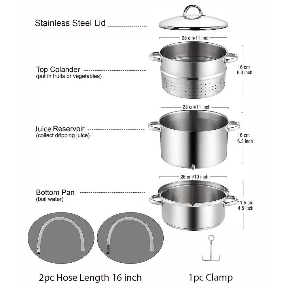 Stainless Steel Canning Juice Steamer Extractor 11 Quart with Cooking Pan Juice Pan Strainer Hose Clamp Vegetables Fruits