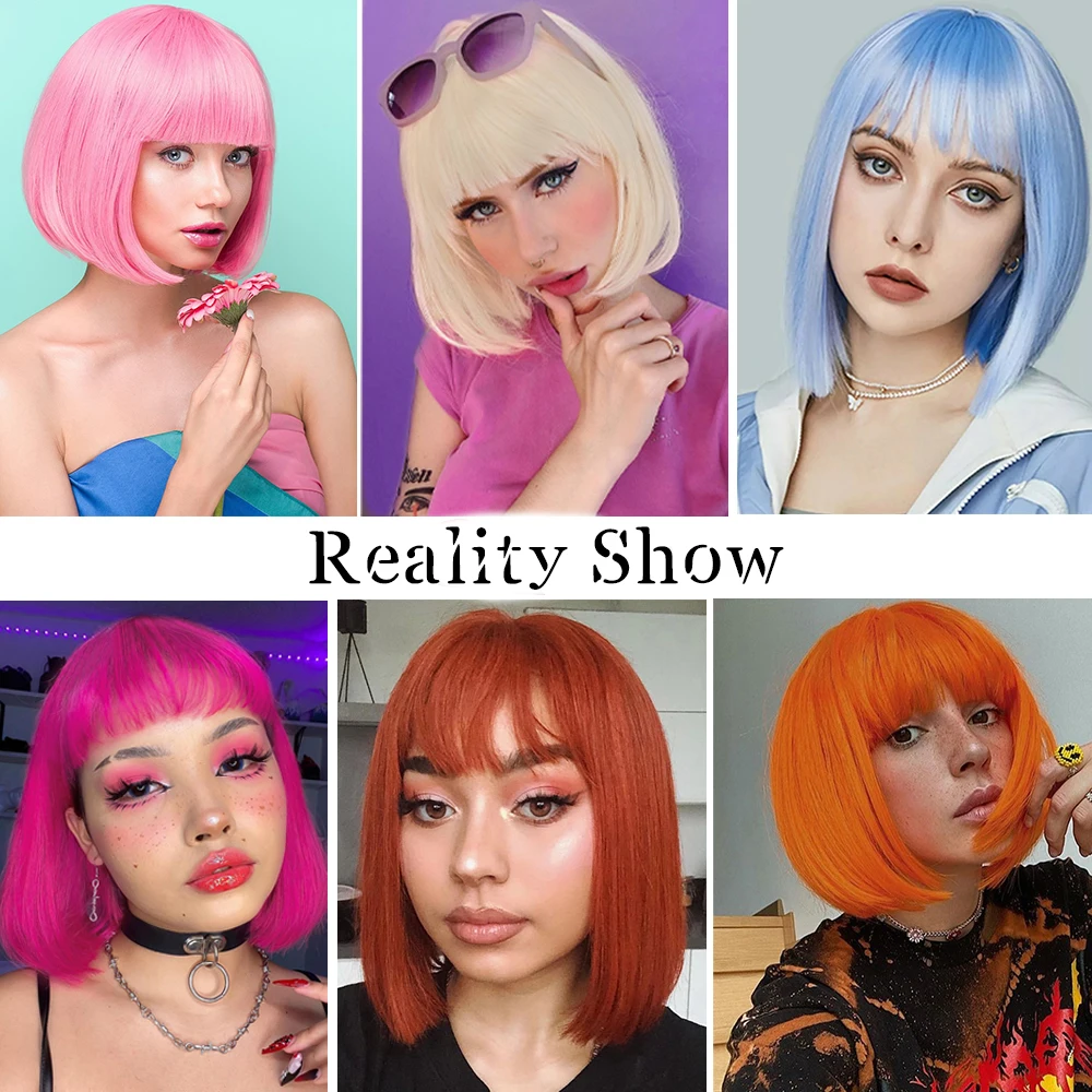 Short Bob Wigs with Bangs Synthetic Straight Bob Wigs for Women Heat Resistant Colorful Halloween Bob Wigs for Daily Party