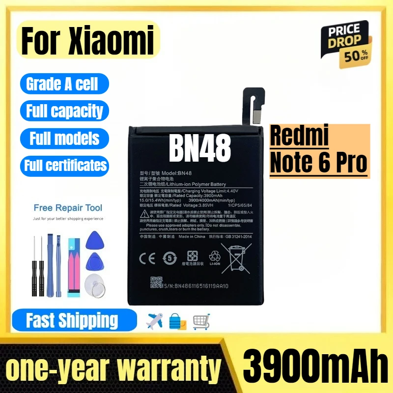 

BN48 for Xiaomi Redmi Note 6 Pro Mobile Phone Battery High Quality High Capacity Replacement Bateria Grade A Cell with Tools