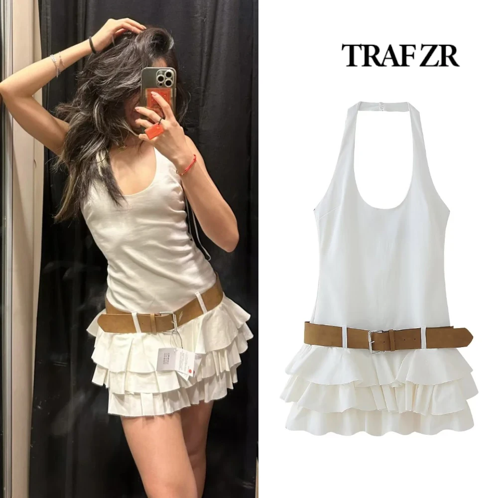 TRAF ZR Elegant Halter NECK Mini Dress Tierred Skirt Women\'s Summer Sundresses Belt with Buckle Femmes Vintage White Dress