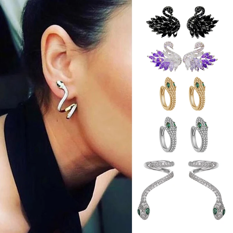 Trendy Vintage Snake Shape Ear Piercing Zircon Clip Earrings Black White Swan Cute Small Object Earring for Women Jewelry Gifts