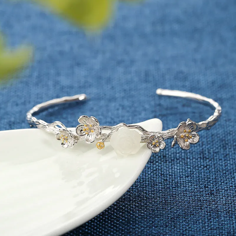 

S925 Стерлингового Серебра Инкрустация Натуральный Хэтянь Нефрит Тыква Маленький Цветок Открытый Браслет Браслет