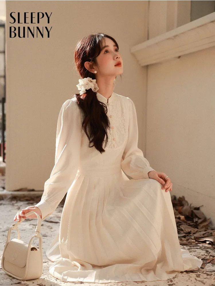 

Women Retro Oriental Style Lace Button Dress Lady Sweet Elegant Slim Fit Pleated Long Sleeve Midi Dress for Spring Daily Wear
