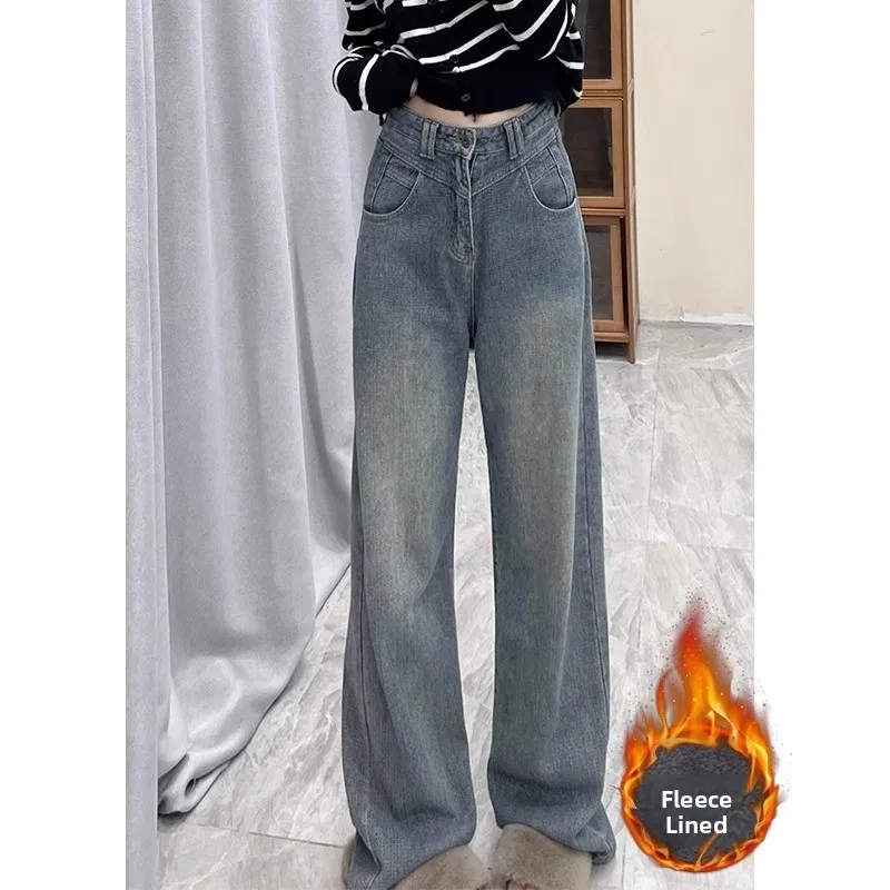 

Женские джинсы свободного кроя с высокой талией на подкладке, синие теплые длинные зимние брюки длиной до пола со звездами