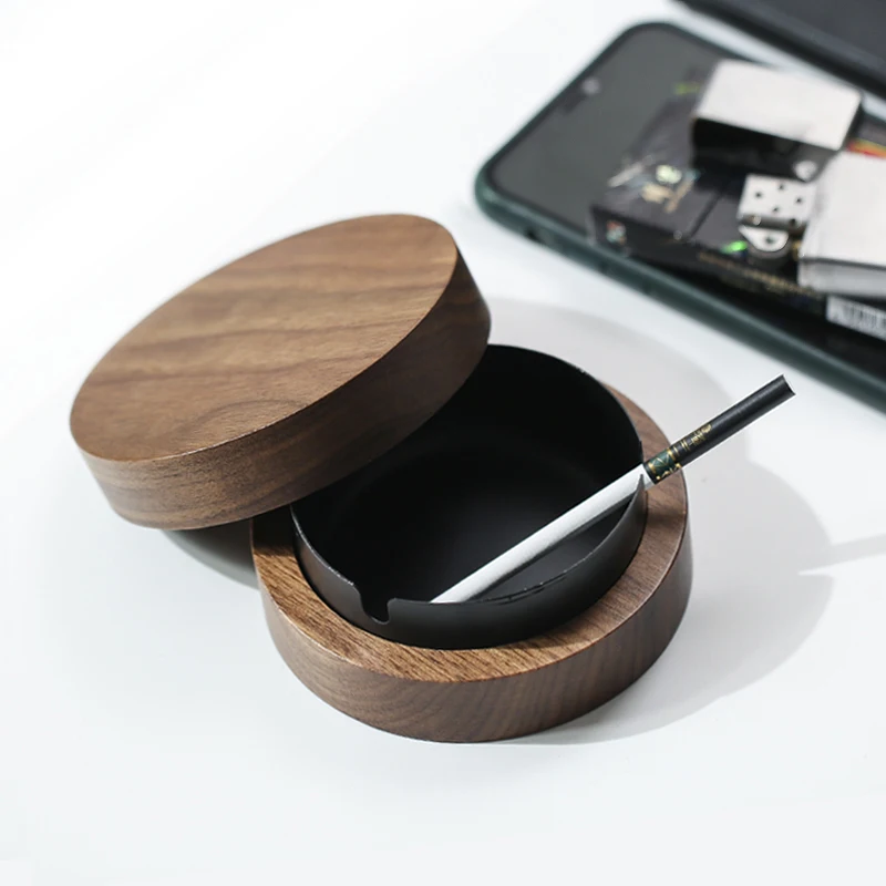 

New Wooden Ashtray With Lid Smokers Stainless Steel Liner Windproof Ashtray Durable Easy To Clean Patio Office Home Cigar Holder