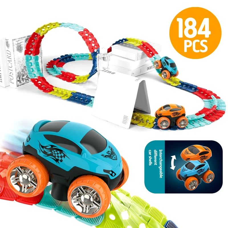 184pcs Changeable Track With LED Light Race Car Flexible Railway Toys Kit Car Diy Assembled Racing Track Toys for Kids Gifts