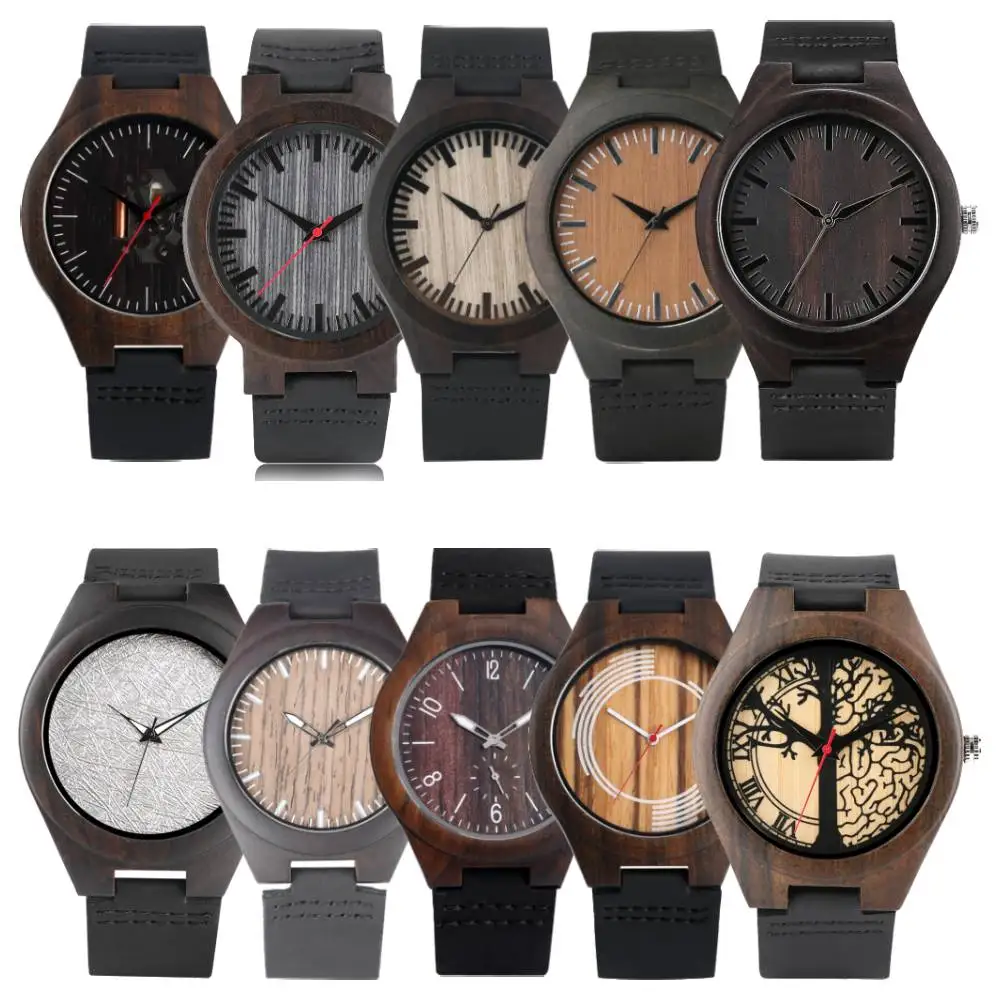 

Ретро модный корпус для часов из черного дерева, кварцевые наручные часы, черный ремешок для часов из натуральной кожи, повседневный стиль, деревянные мужские часы, подарок