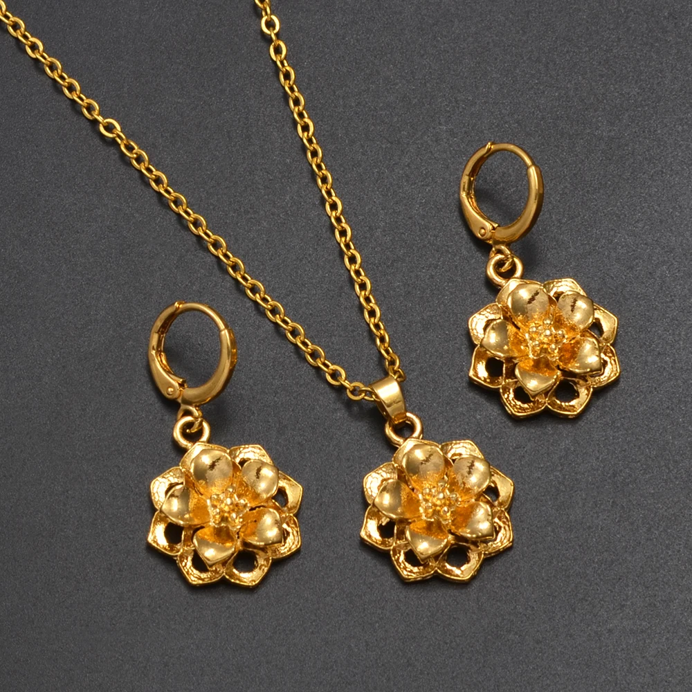 Anniyo Gold Plated Flower Sets Necklaces Earrings for Woman Girls African Ethiopian Party Jewelry Middle East Arab Dubai #172716