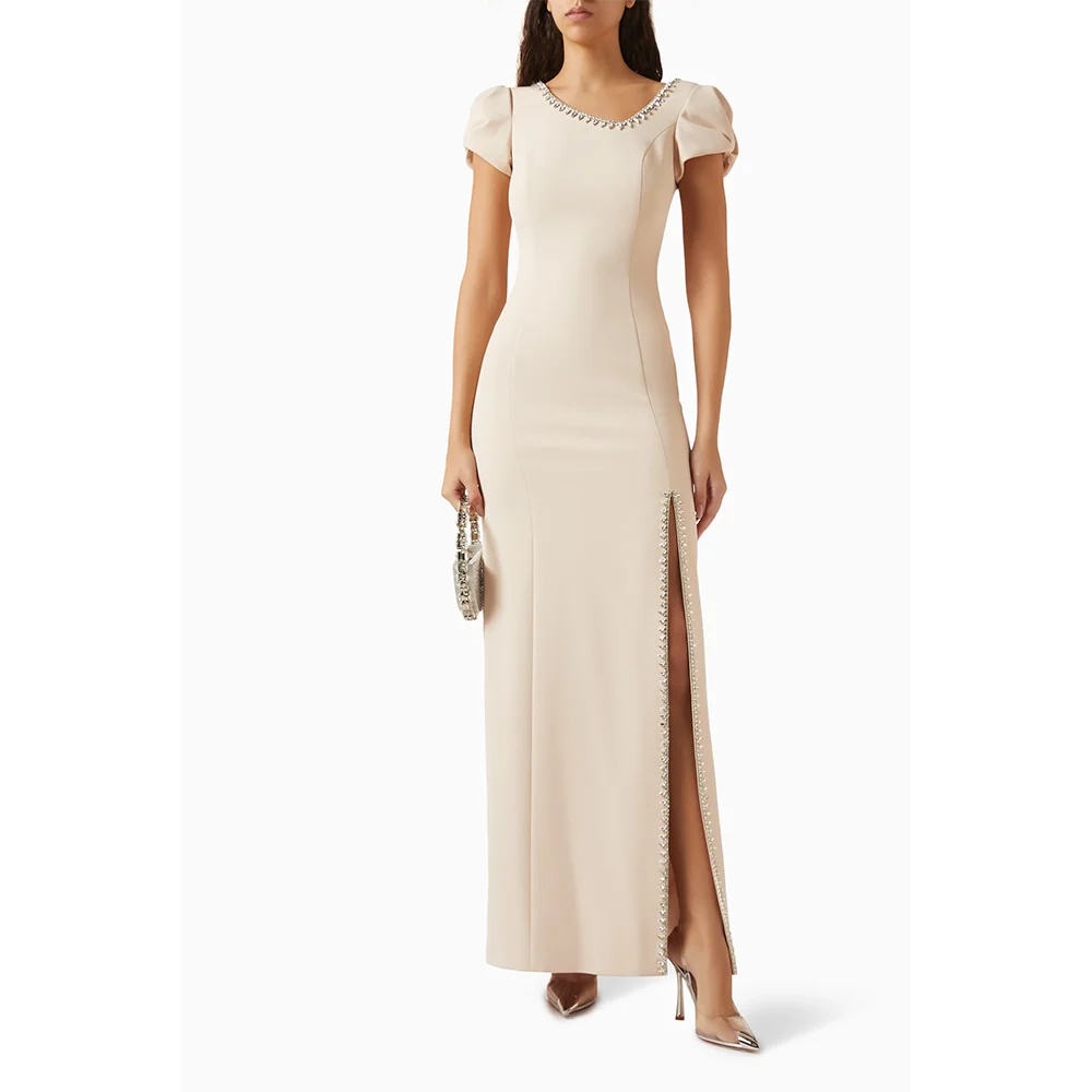 Abiti da sera lunghi personalizzati Abiti da ballo eleganti per occasioni formali Abiti da ballo alla caviglia con maniche corte in cristallo con perline