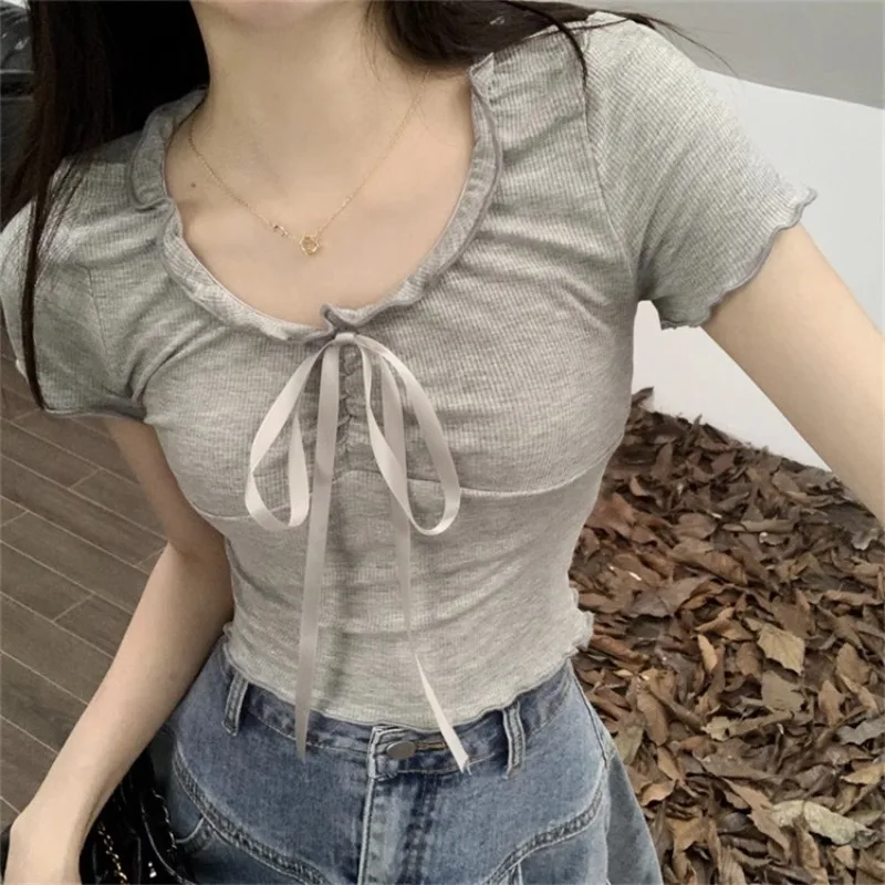 Women T-shirts Summer New Drawstring Design Sense Short Sleeve Niche Tops Sweet Cute Versatile Casual Tees Female