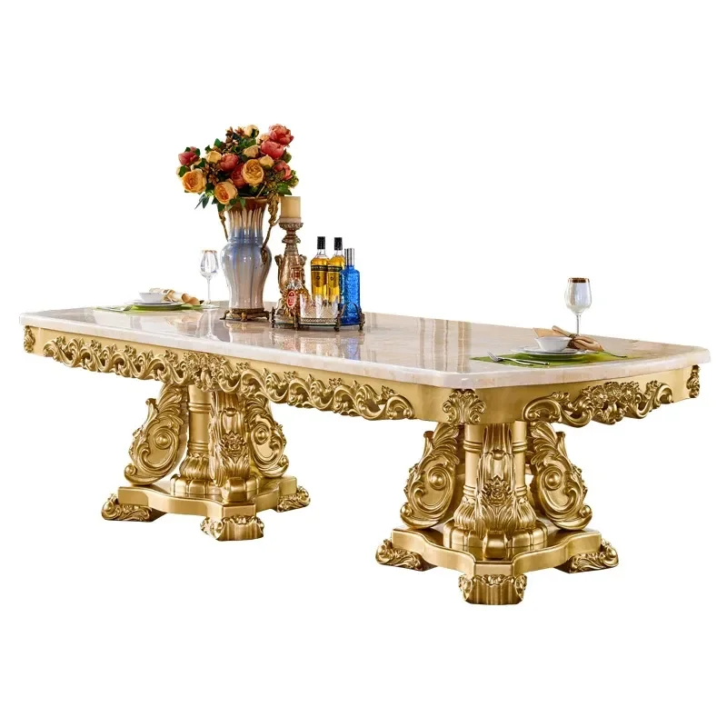 European marble square table American villa solid wood carving flower telescopic function square table meeting household