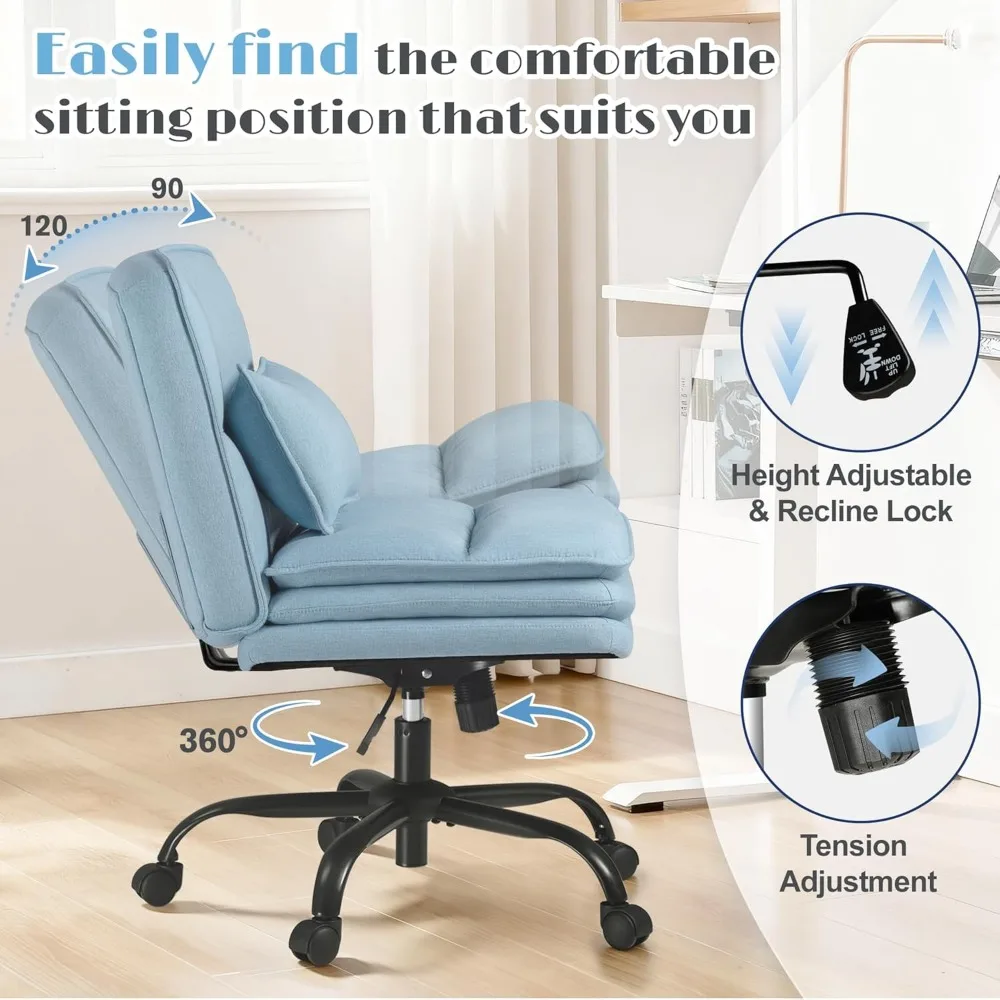 Krzesło biurowe Furmax z krzyżującymi się nogami, na kółkach, bez podłokietników, bardzo szerokie siedzisko, obrotowe krzesło do biurka, regulowana wysokość, wygodne krzesło do pracy.