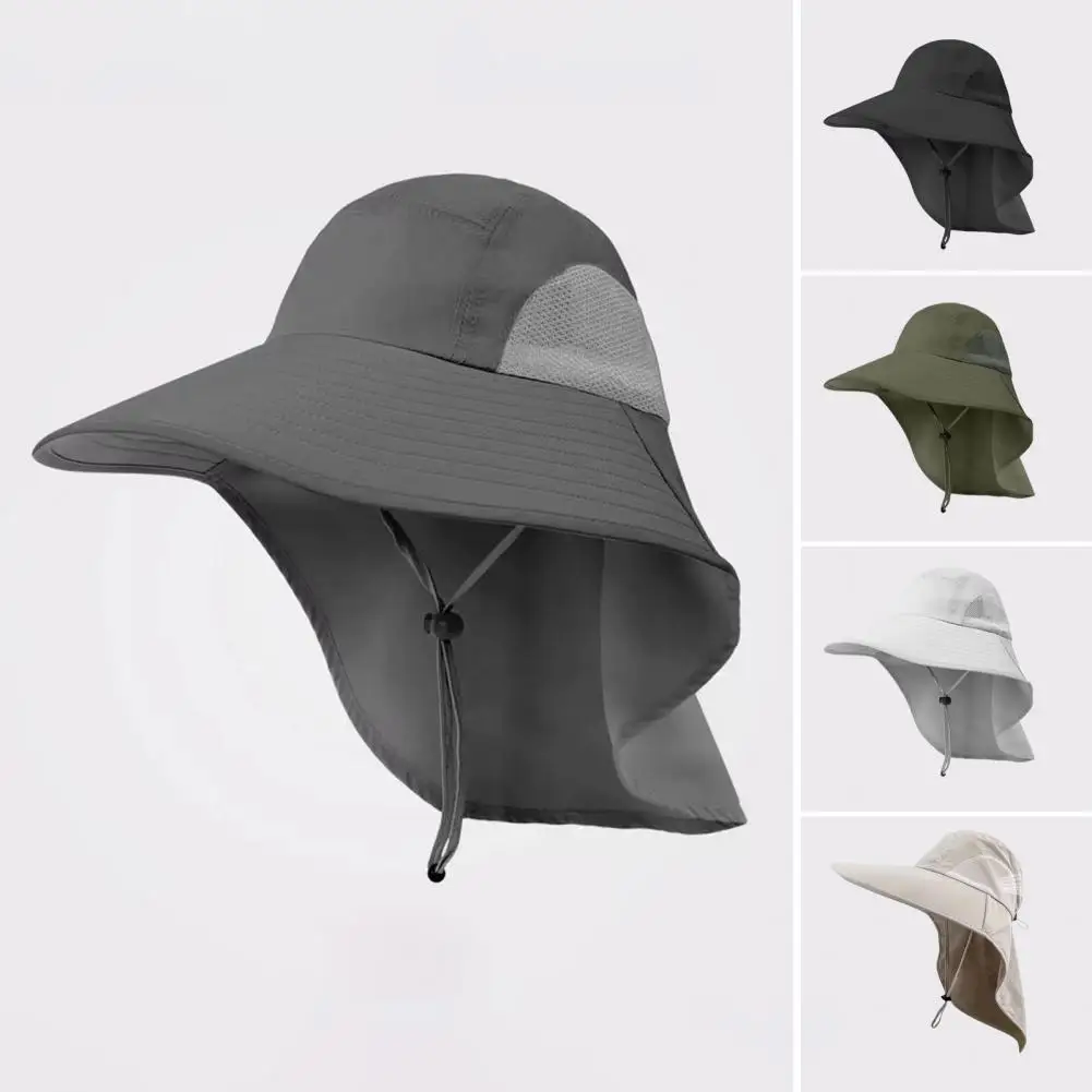 1pc Men Outdoor Hat With Neck Cover Large Brim Hollow Mesh Windproof Hat Chin Strap Anti-UV Sunscreen Camping Fishing Travel Cap