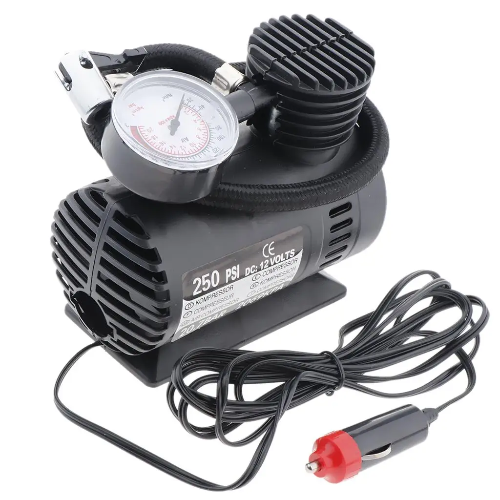 Multi-use Tyre Air Inflator Mini Compressor Electric Pump 25L Per Minute with Pressure Meter for Car Tricycle Inflatable Boat