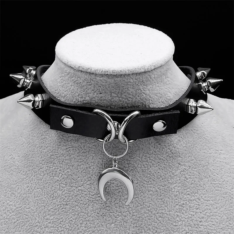 Punk Crescent Moon Harajuku Halsband Goth Nieten Halskette Edelstahl Anhänger Pu Leder Kette Gothic Schwarz Halskette Schmuck – Detail 4